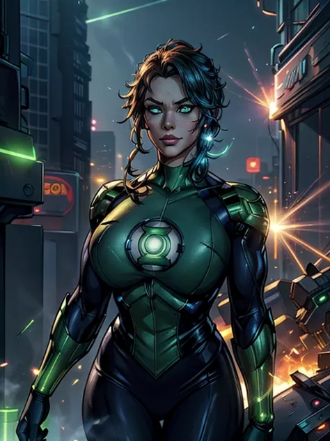 scene from the movie, woman dressed as green lantern from dc, extremely detailed, futuristic cityscape, nighttime, glowing neon ...