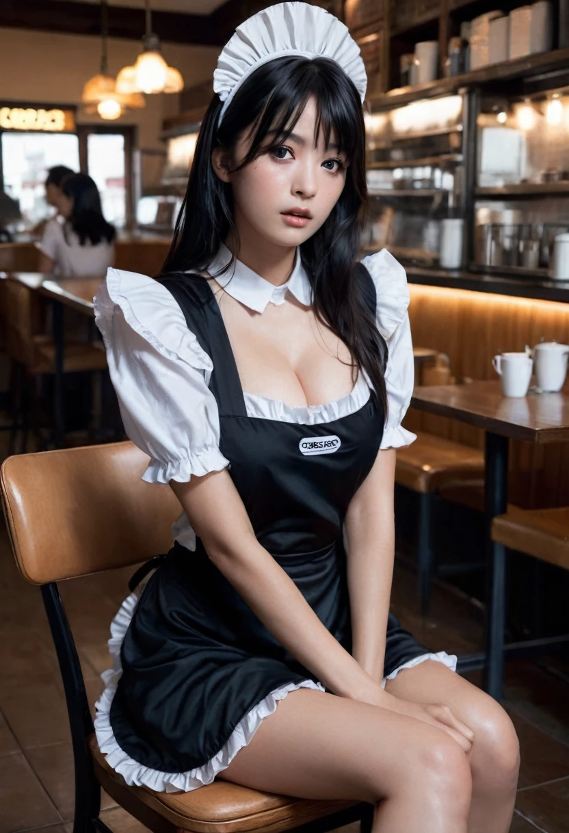 high quality, best quality, high resolution, 4k, high definition, beautiful lighting, highly detailed face, female, female focus, solo focus,ctgtl2,black hair,black eyes,long hair,closed mouth, 1girl, solo, breasts, looking at viewer, blush, open mouth, middle part, large breasts, simple background, cafe background, dress, cleavage, sitting, full body, short sleeves, thighs, sweat, shoes, puffy sleeves, shiny, hand up, black footwear, apron, black dress, high heels, puffy short sleeves, legs, shiny skin, maid, maid headdress, black panties, bare legs, chair, short dress, from above, frilled dress, crossed legs,bangs