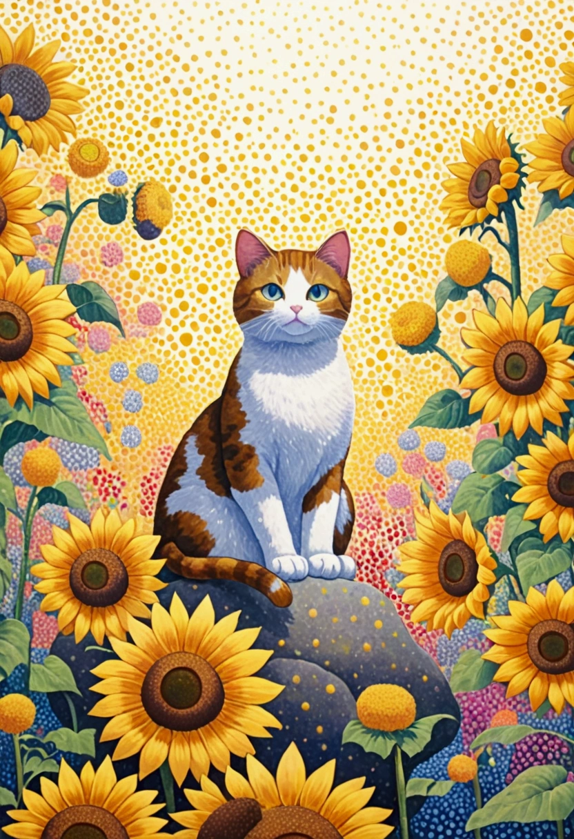 A painting of a cat sitting on a rock surrounded by flowers, There are many points on it, a pointillism painting, saturated pointillism,Juster Battle, Cute cat in sunflower field, 