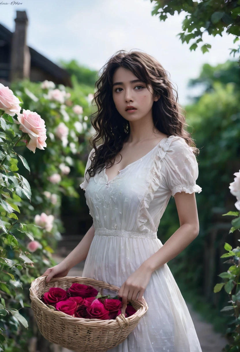 best quality, masterpiece, 4k, uncensored, prefect lighting, rating_explicit, very aesthetic, 1girl, solo, curly hair, messy hair, long hair, looking at viewer, brown hair, black hair, dress, holding, upper body, flower, short sleeves, outdoors, white dress, lips, rose, leaf, pink flower, realistic, basket, Detailed, unique, trendy, professional