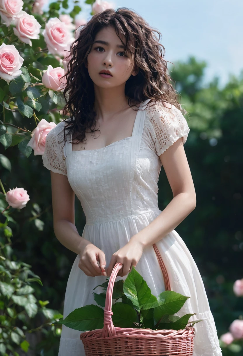 best quality, masterpiece, 4k, uncensored, prefect lighting, rating_explicit, very aesthetic, 1girl, solo, curly hair, messy hair, long hair, looking at viewer, brown hair, black hair, dress, holding, upper body, flower, short sleeves, outdoors, white dress, lips, rose, leaf, pink flower, realistic, basket, Detailed, unique, trendy, professional