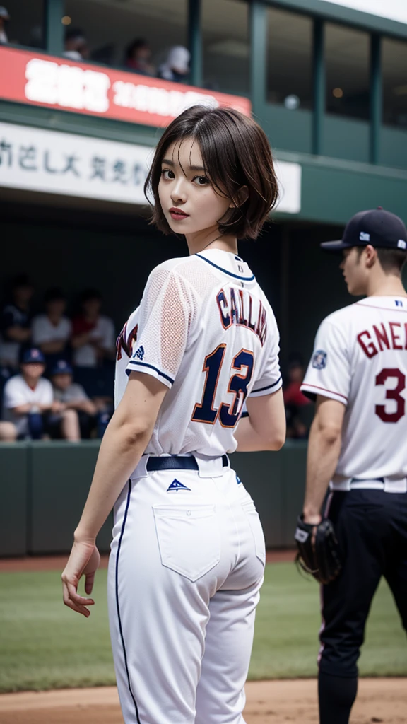 A very beautiful and stylish gravure model、Baseball uniforms、socks、Brown Hair Mesh、Wavy Hair、Short Hair、Pixie Cut、Standing with his back to the players&#39; bench at a baseball stadium、Inner thighs、Realistic、Detailed face、Makeup、Sexy pose、(A large amount of thick semen is splashed on her face：1.4)、The crack and shape of the butt are clearly visible.、View Viewer、Beautiful and perfect ass、Beautiful and perfect thighs、slim