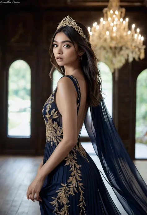 a bewitching 1, hazel eyes aglow, stuns in a navy blue skimpy pleated dress with intricate embroidery, her tresses cascading lik...