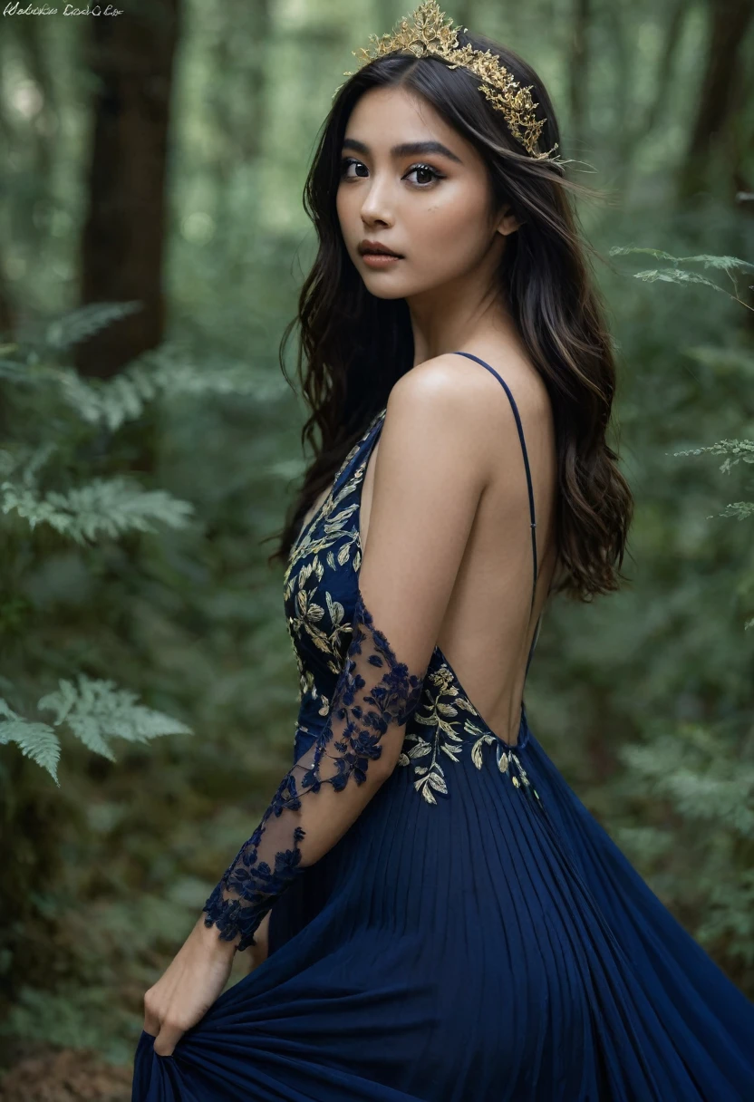 A bewitching 1, hazel eyes aglow, stuns in a Navy Blue skimpy Pleated dress with intricate embroidery, her tresses cascading like golden silk. As she glides down the aisle, dramatic store lighting illuminates her radiant features. The camera zooms in on every detail, capturing the forest's dark mystery in breathtaking 8K resolution, framing her majestic pose within the mystical setting.