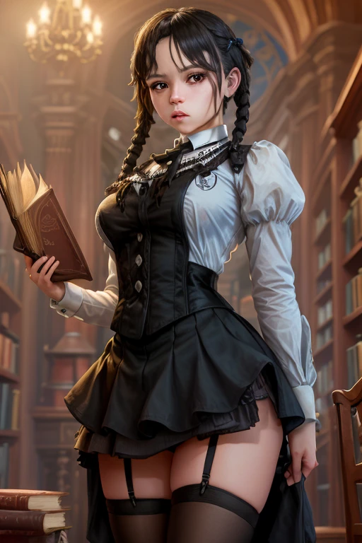 Ultra realistic, exceptionally beautiful Jenna Ortega, black hair braided twintails,  stern face,  medium breasts,  Victorian maid uniform, micro skirt,  garter belt, knee stockings, dark gothic library, detailed face any eyes:1.3.