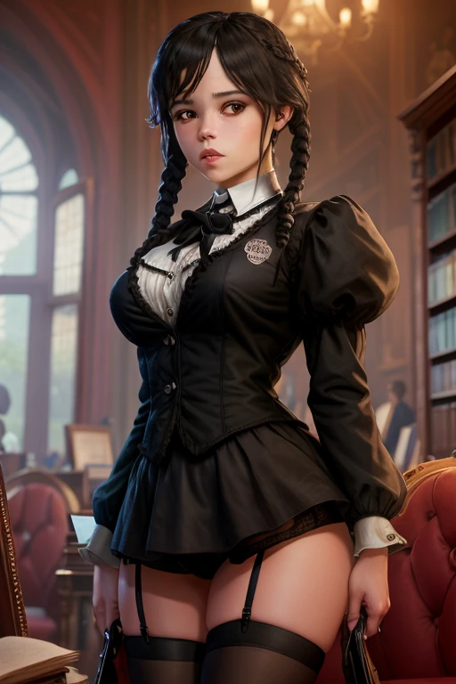 Ultra realistic, exceptionally beautiful Jenna Ortega, black hair braided twintails,  stern face, perfect lips, medium breasts,  Victorian maid uniform, micro skirt,  garter belt, knee stockings, dark gothic library, detailed face any eyes:1.3.