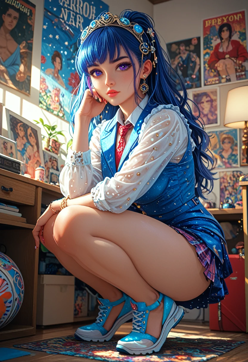 Year 2000, Alternate Fashion, 1 girl, Bro, illustration, Poster, Idol, Squat, fisheye lens