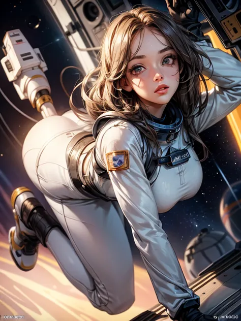 a female astronaut floating in space, full body astronaut suit, detailed face, beautiful detailed eyes, beautiful detailed lips,...