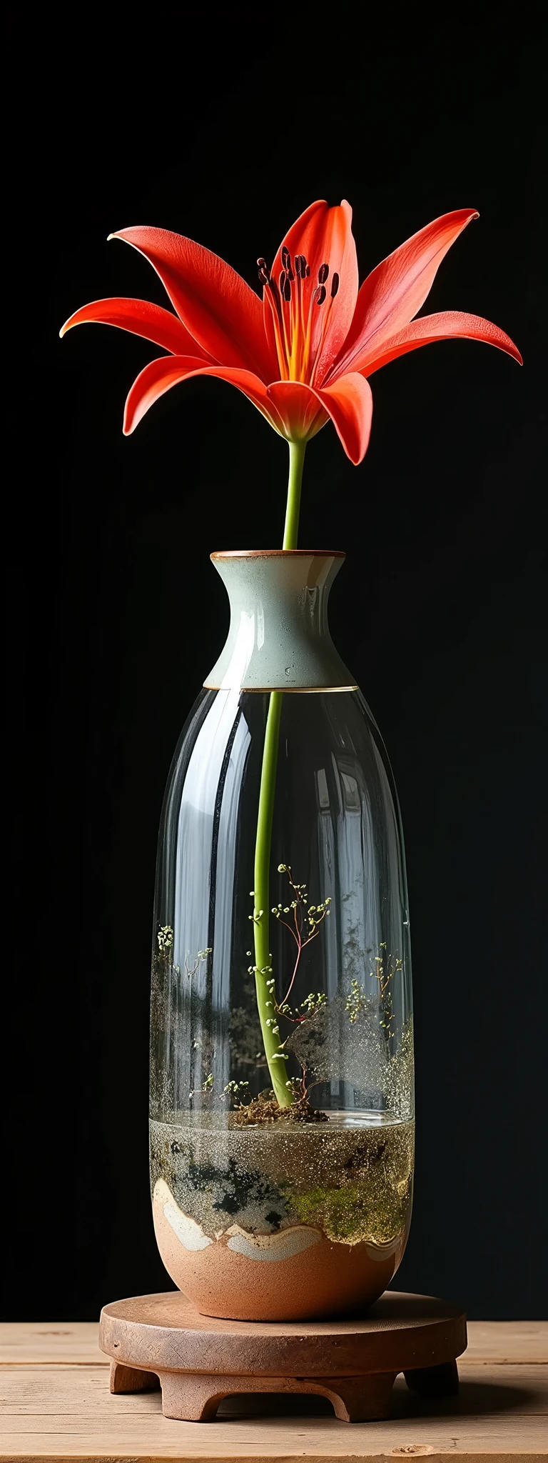 Complete separation and combination of ceramic and transparent glass materials, Dispersed joints, A vase made of ceramic and clear glass joined together using the kintsugi technique., Just one, Simple pottery and colorful glass"Wabisabi"aesthetics of, A single flower of red spider lily arranged in a vase, Water filled in a vase, Exquisite harmony that cooperates with each other&#39;s existence, Absolute beauty born from absurd combinations, Placed on an antique wooden stand、Aesthetics emerge against a dark background, Simple and pure..., Beauty beyond words..., 