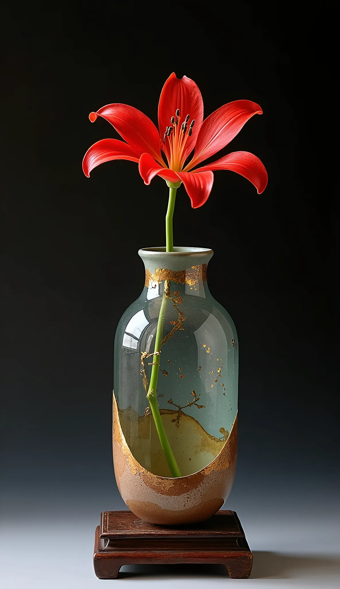 Complete separation and combination of ceramic and transparent glass materials, Dispersed joints, A vase made of ceramic and clear glass joined together using the kintsugi technique., Just one, Simple pottery and colorful glass"Wabisabi"aesthetics of, A single flower of red spider lily arranged in a vase, Water filled in a vase, Exquisite harmony that cooperates with each other&#39;s existence, Absolute beauty born from absurd combinations, Placed on an antique wooden stand、Aesthetics emerge against a dark background, Simple and pure..., Beauty beyond words..., 