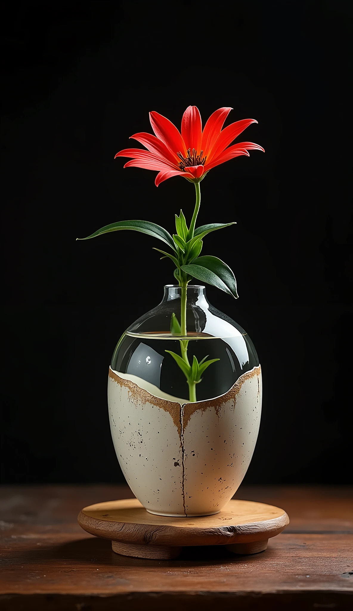 Complete separation and combination of ceramic and transparent glass materials, Dispersed joints, A vase made of ceramic and clear glass joined together using the kintsugi technique., Just one, Simple pottery and colorful glass"Wabisabi"aesthetics of, A single flower of red spider lily arranged in a vase, Water filled in a vase, Exquisite harmony that cooperates with each other&#39;s existence, Absolute beauty born from absurd combinations, Placed on an antique wooden stand、Aesthetics emerge against a dark background, Simple and pure..., Beauty beyond words..., 