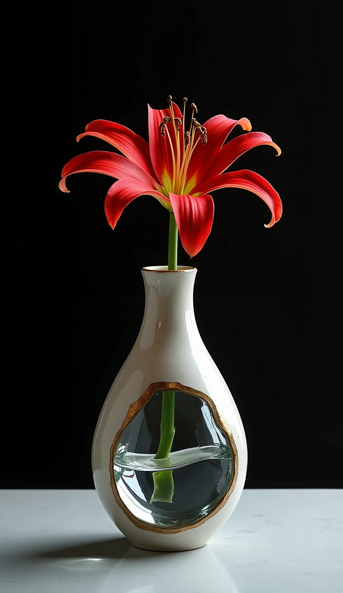 Complete separation and combination of ceramic and transparent glass materials, Dispersed joints, A vase made of ceramic and clear glass joined together using the kintsugi technique., Just one, Simple pottery and colorful glass"Wabisabi"aesthetics of, A single flower of red spider lily arranged in a vase, Water filled in a vase, Exquisite harmony that cooperates with each other&#39;s existence, Absolute beauty born from absurd combinations, Placed on an antique wooden stand、Aesthetics emerge against a dark background, Simple and pure..., Beauty beyond words..., 