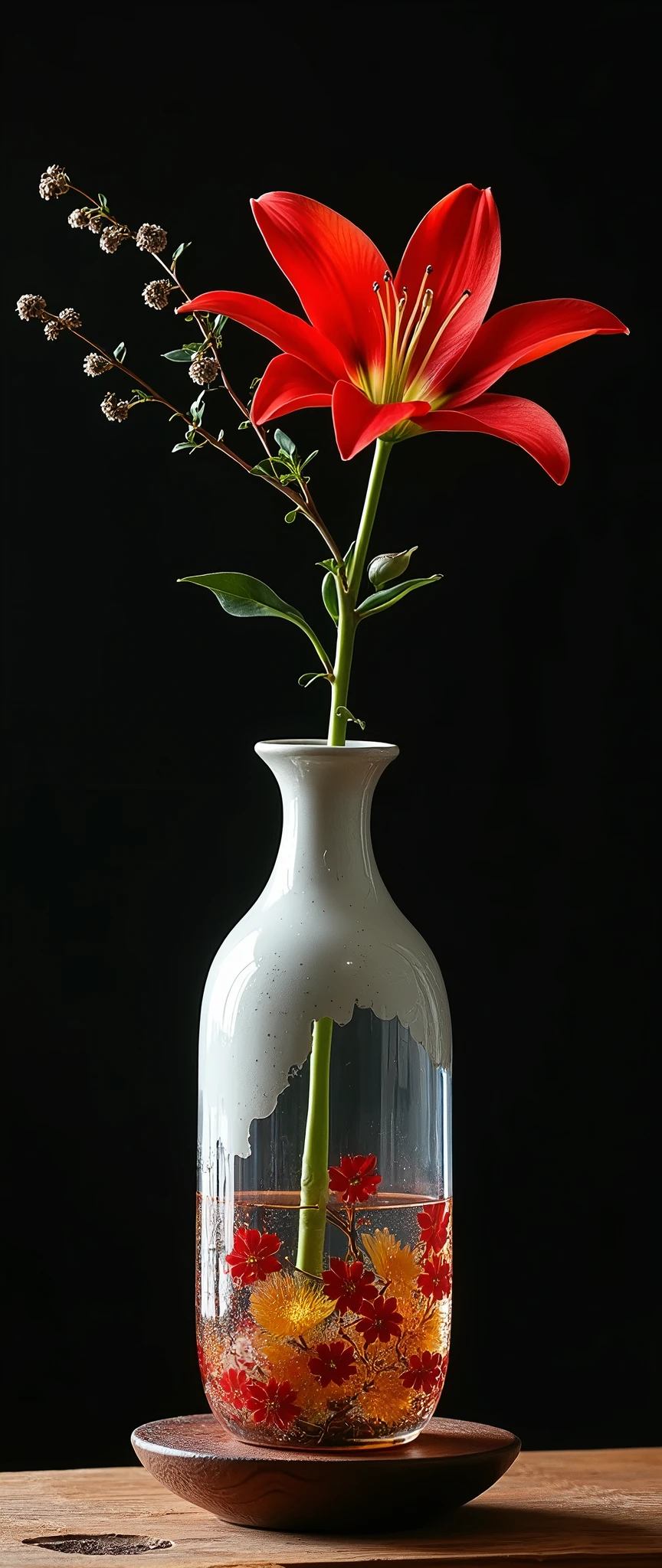 Complete separation and combination of ceramic and transparent glass materials, Dispersed joints, A vase made of ceramic and clear glass joined together using the kintsugi technique., Just one, Simple pottery and colorful glass"Wabisabi"aesthetics of, A single flower of red spider lily arranged in a vase, Water filled in a vase, Exquisite harmony that cooperates with each other&#39;s existence, Absolute beauty born from absurd combinations, Placed on an antique wooden stand、Aesthetics emerge against a dark background, Simple and pure..., Beauty beyond words..., 