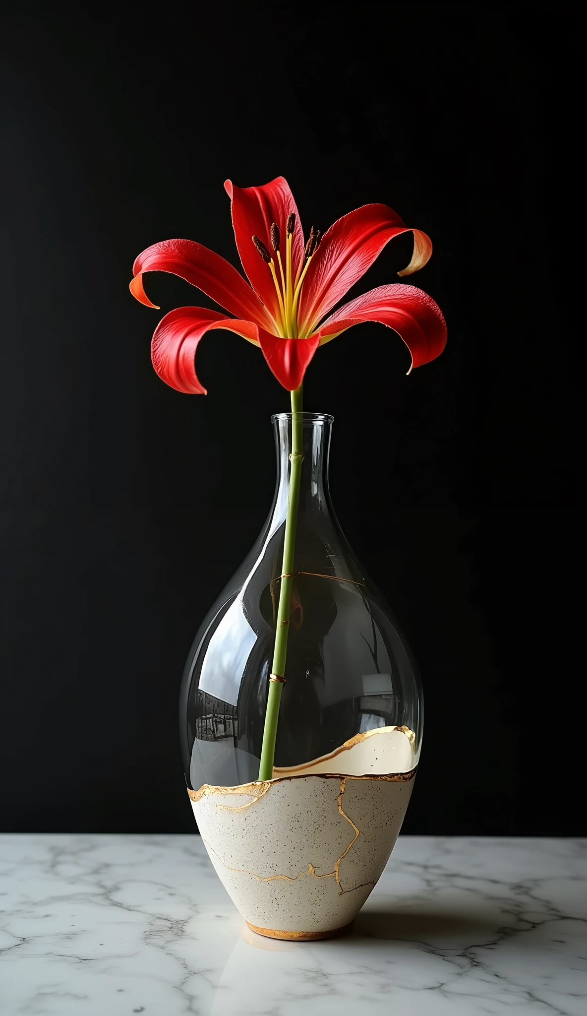 Complete separation and combination of ceramic and transparent glass materials, Dispersed joints, A vase made of ceramic and clear glass joined together using the kintsugi technique., Just one, Simple pottery and colorful glass"Wabisabi"aesthetics of, A single flower of red spider lily arranged in a vase, Water filled in a vase, Exquisite harmony that cooperates with each other&#39;s existence, Absolute beauty born from absurd combinations, Placed on an antique wooden stand、Aesthetics emerge against a dark background, Simple and pure..., Beauty beyond words..., 