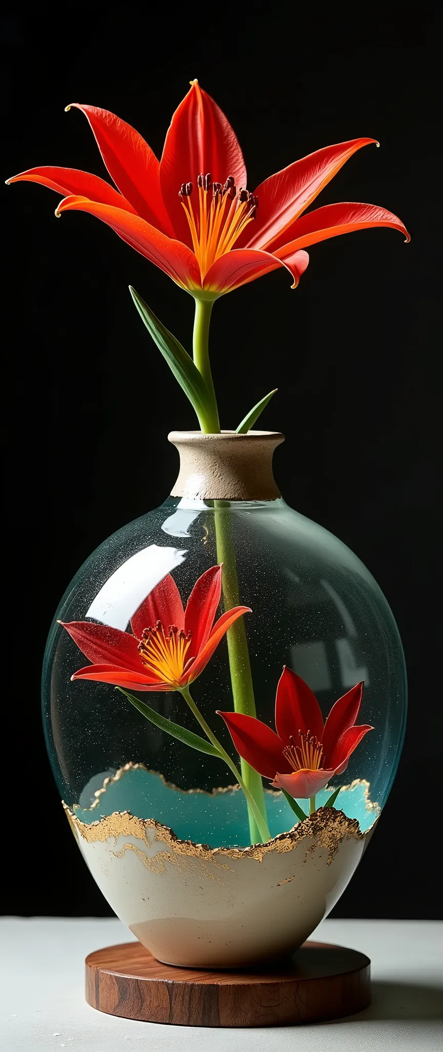 Complete separation and combination of ceramic and transparent glass materials, Dispersed joints, A vase made of ceramic and clear glass joined together using the kintsugi technique., Just one, Simple pottery and colorful glass"Wabisabi"aesthetics of, A single flower of red spider lily arranged in a vase, Water filled in a vase, Exquisite harmony that cooperates with each other&#39;s existence, Absolute beauty born from absurd combinations, Placed on an antique wooden stand、Aesthetics emerge against a dark background, Simple and pure..., Beauty beyond words..., 