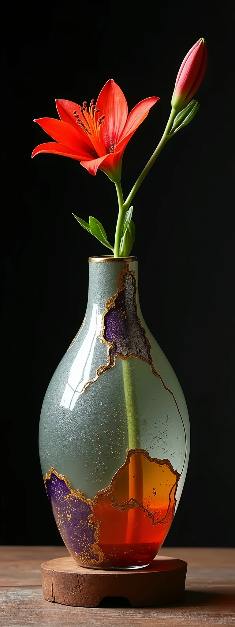 Complete separation and combination of ceramic and transparent glass materials, Dispersed joints, A vase made of ceramic and clear glass joined together using the kintsugi technique., Just one, Simple pottery and colorful glass"Wabisabi"aesthetics of, A single flower of red spider lily arranged in a vase, Water filled in a vase, Exquisite harmony that cooperates with each other&#39;s existence, Absolute beauty born from absurd combinations, Placed on an antique wooden stand、Aesthetics emerge against a dark background, Simple and pure..., Beauty beyond words..., 