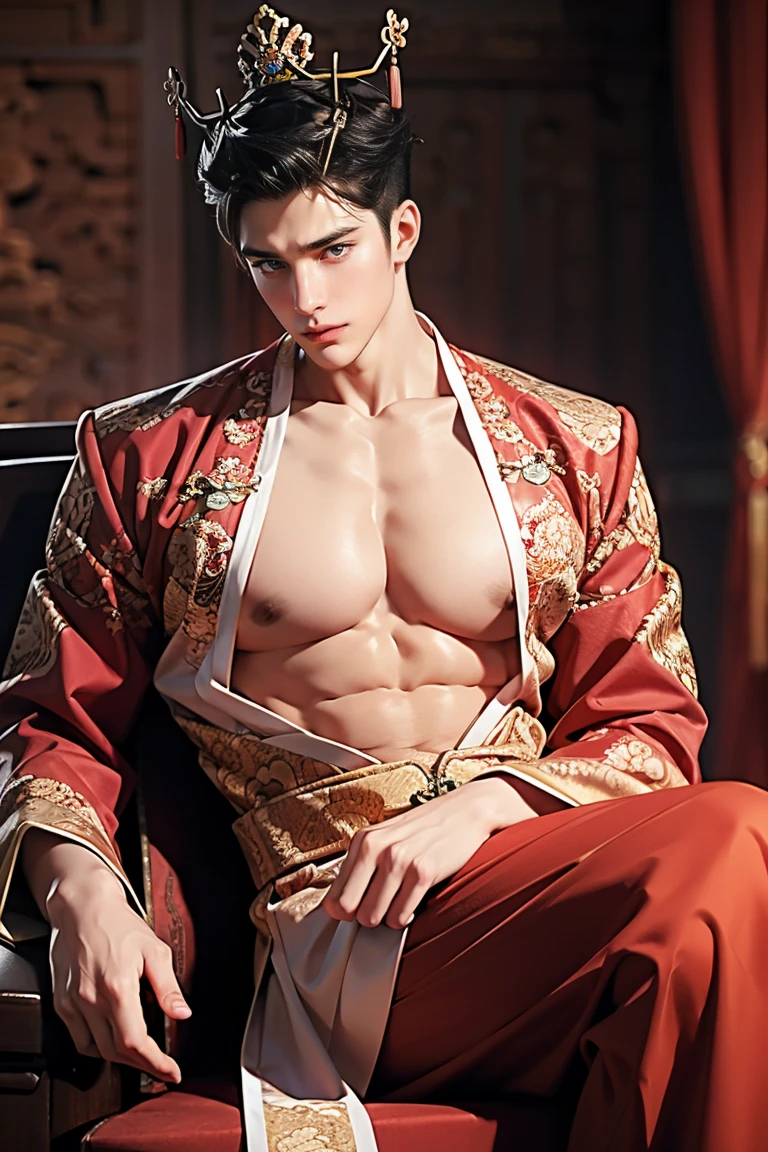 male, 1, big butt, big breast , wearing a crown, filler-lips , short black male style hair, wear a sexy Chinese clothes, show off his huge breast, sitting on a chair, luxury
