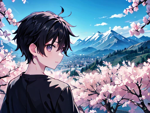 1 boy, Mountain, Black short hair, He is wearing a grey shirt, He is looking cherry blossoms