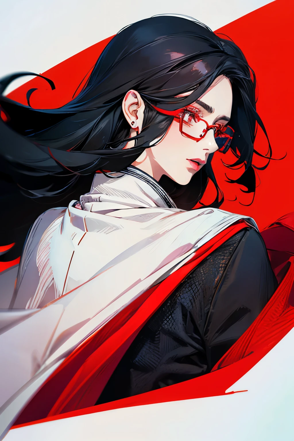 Black Hair、Mambang Hair、lipstick、Glasses、Red eyes、profile