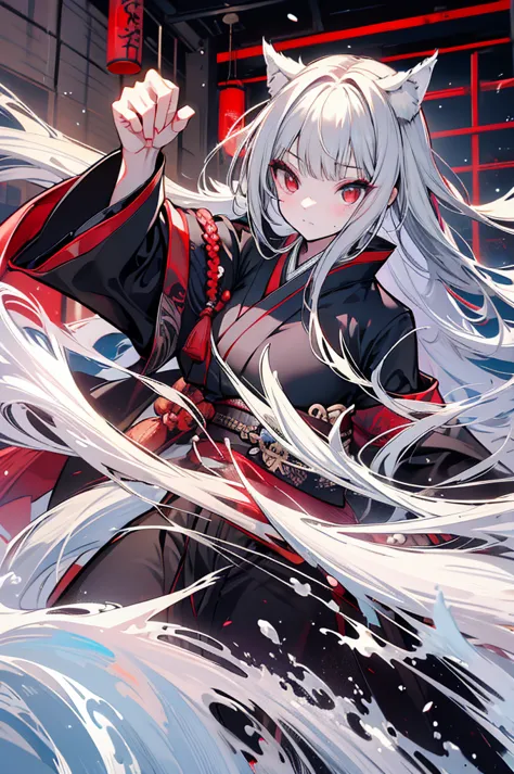 high quality, wolf ears,black kimono,gray hair,long hair, seductive red eyes,nice,japanese style,fight,martial arts,fist,fistのfi...