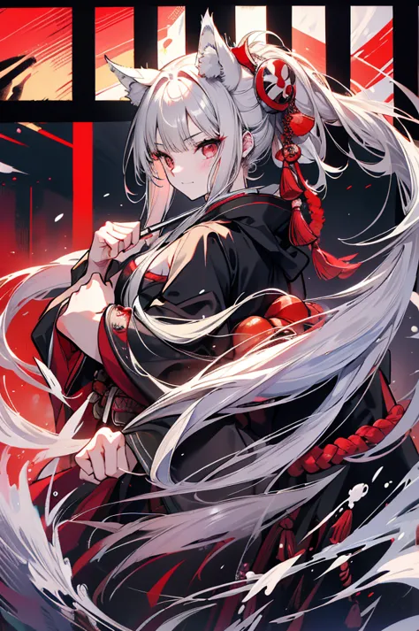 high quality, wolf ears,black kimono,gray hair,long hair, seductive red eyes,nice,japanese style,fight,martial arts,fist,fistのfi...