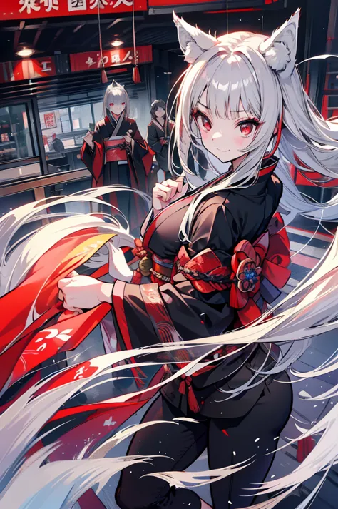 high quality, wolf ears,black kimono,gray hair,long hair, seductive red eyes,nice,japanese style,fight,martial arts,fist,fistのfi...