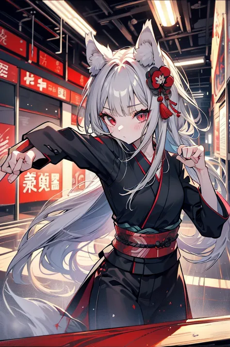 high quality, wolf ears,black kimono,gray hair,long hair, seductive red eyes,nice,japanese style,fight,martial arts,fist,fistのfi...