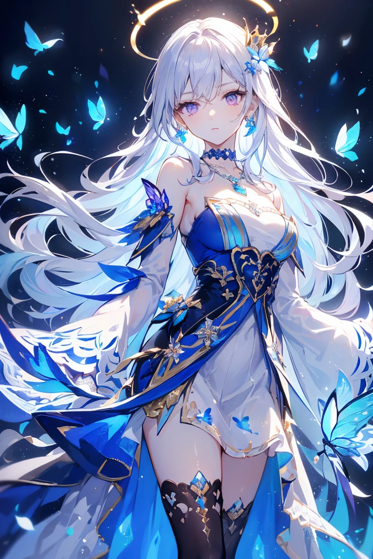 (Masterpiece, Best Quality: 1.4), Detailed Background, White Crystal, Crystal Cluster, Long Hair, Jewelry, Earrings, Necklace, Crown, Bride, White Hair, Halo, (Overlook), Dynamic Angle, Ultra Detailed, Illustration, Close Up, Direct Look, 1girl, (Fantasy: 1.4), (Purple Eyes: 1.233), Her Eyes Shine Like Dreamy Stars, (Glow Eyes: 1.233), (Beautiful and Delicate Eyes: 1.1), (Silver Hair: 1.14), (Messy Hair, Very Long Hair, French braids, hair between the eyes, side hair), (+(blue hair flower: 1.14)), (chiffon dress, uniform blue flower pattern)/= (military uniform: 1.24), (split sleeves, wide sleeves), (fingerless gloves), choker, (miko thighhighs), high heeled boots, (expressionless, shut up), (standing), (classical princess boudoir with dresser floor-to-ceiling windows white ancient palace), (white flowers, blooming), (deep sea), (flowing water), (dark blue world tree:1.14),(Ruins),(Night:1.2),dreamy,Soul,(fluorescent),(Flying Translucent Blue Butterfly:1.15),[Delicate Fingers and Hands:0.55]::0.85], (Finger Detail), (Yubao:0.5)