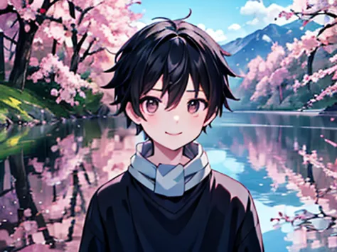 1 boy, mountain, black short hair, he is wearing a grey shirt, he is looking cherry blossoms, he smiles gently, lake