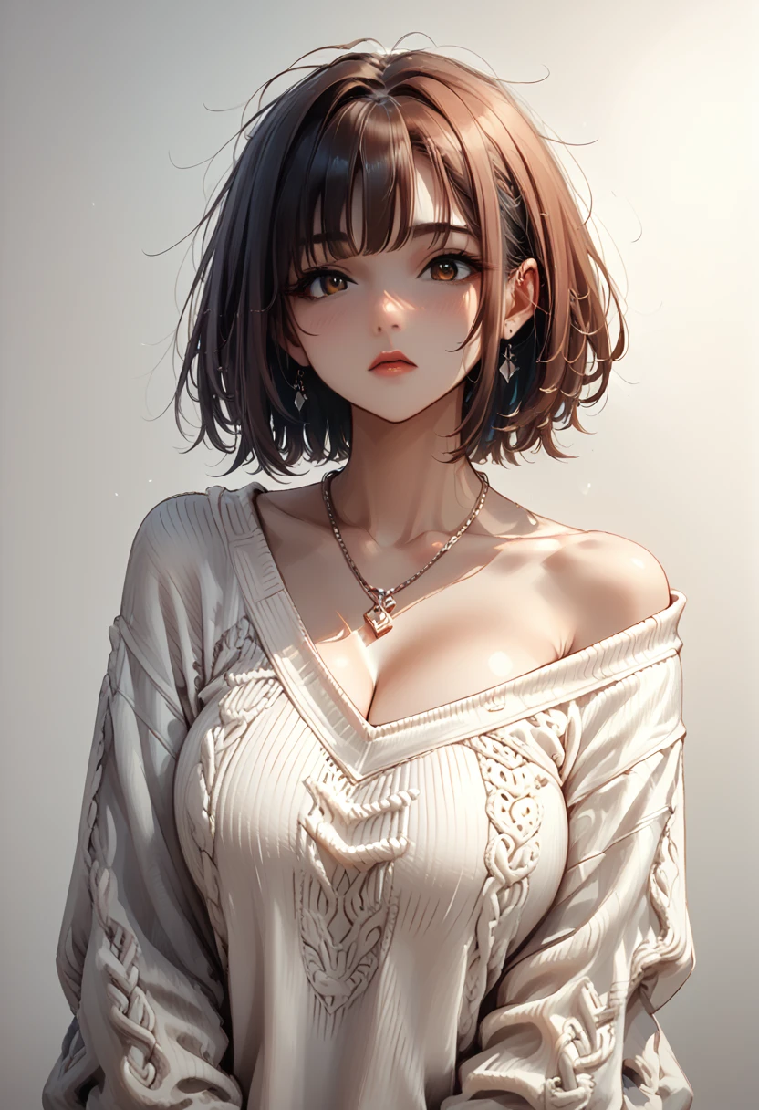 (Best quality, 8k, 32k, Masterpiece, UHD:1.2),Photo of Pretty Japanese woman, large breasts, very short bob hair,upper body,(oversized_sweater,:1.1) necklace, simple background, looking at around