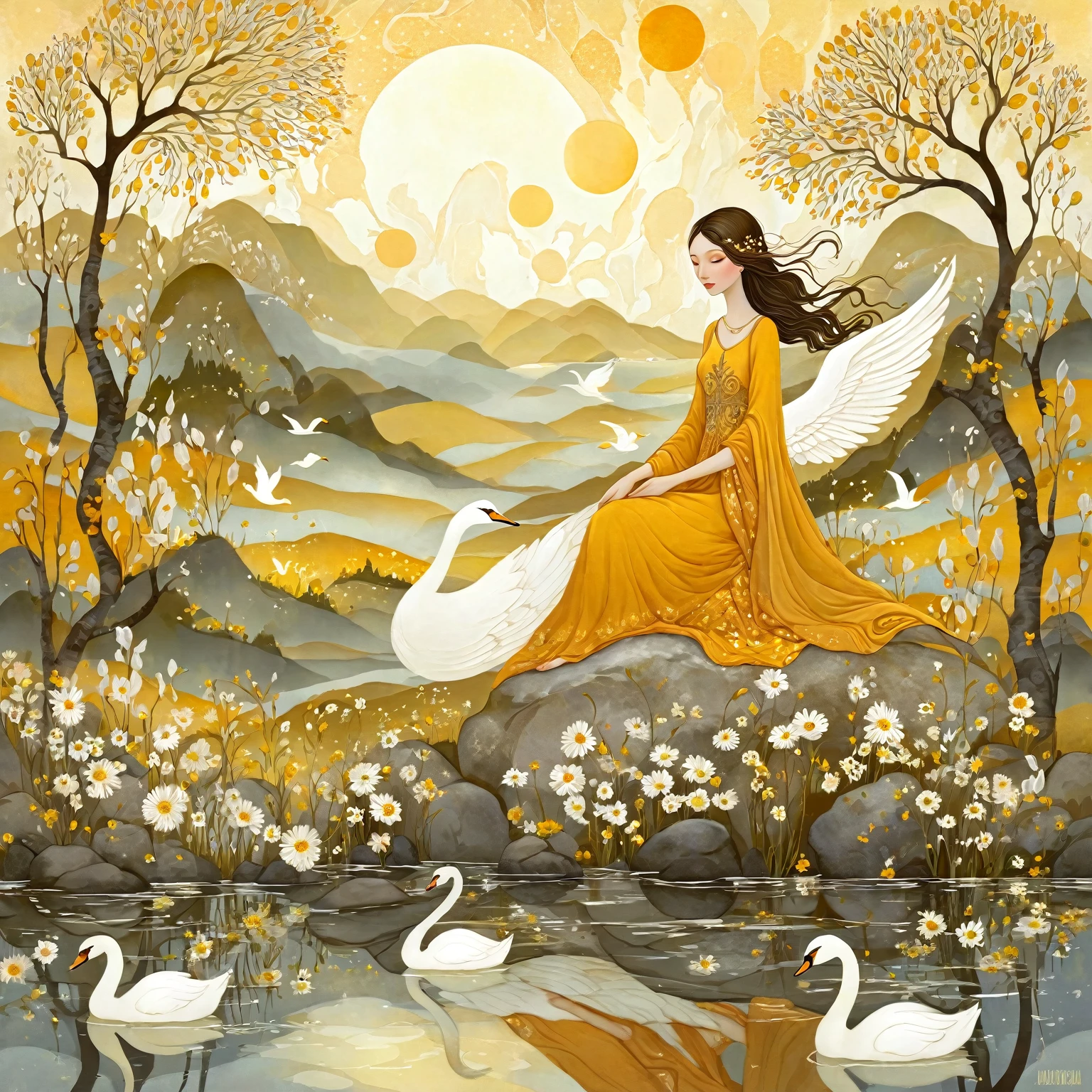 In the style of Albena Vatcheva. Stylized figures. Ethereal woman, wearing a wide skirt with flower and leaf motifs, sitting on a rock in the water with swans. In the background mustard-colored sunshine, hills, birch trees, poppy flowers and blooming dandelions. beautiful digital artwork, beautiful fantasy art, very beautiful fantasy art, beautiful digital art, beautiful angel, very beautiful digital art, of an beautiful angel girl, of beautiful angel, beautiful gorgeous digital art, breathtaking fantasy art, fantasy digital art, amazing fantasy art, digital art fantasy art, beautiful detailed fantasy
