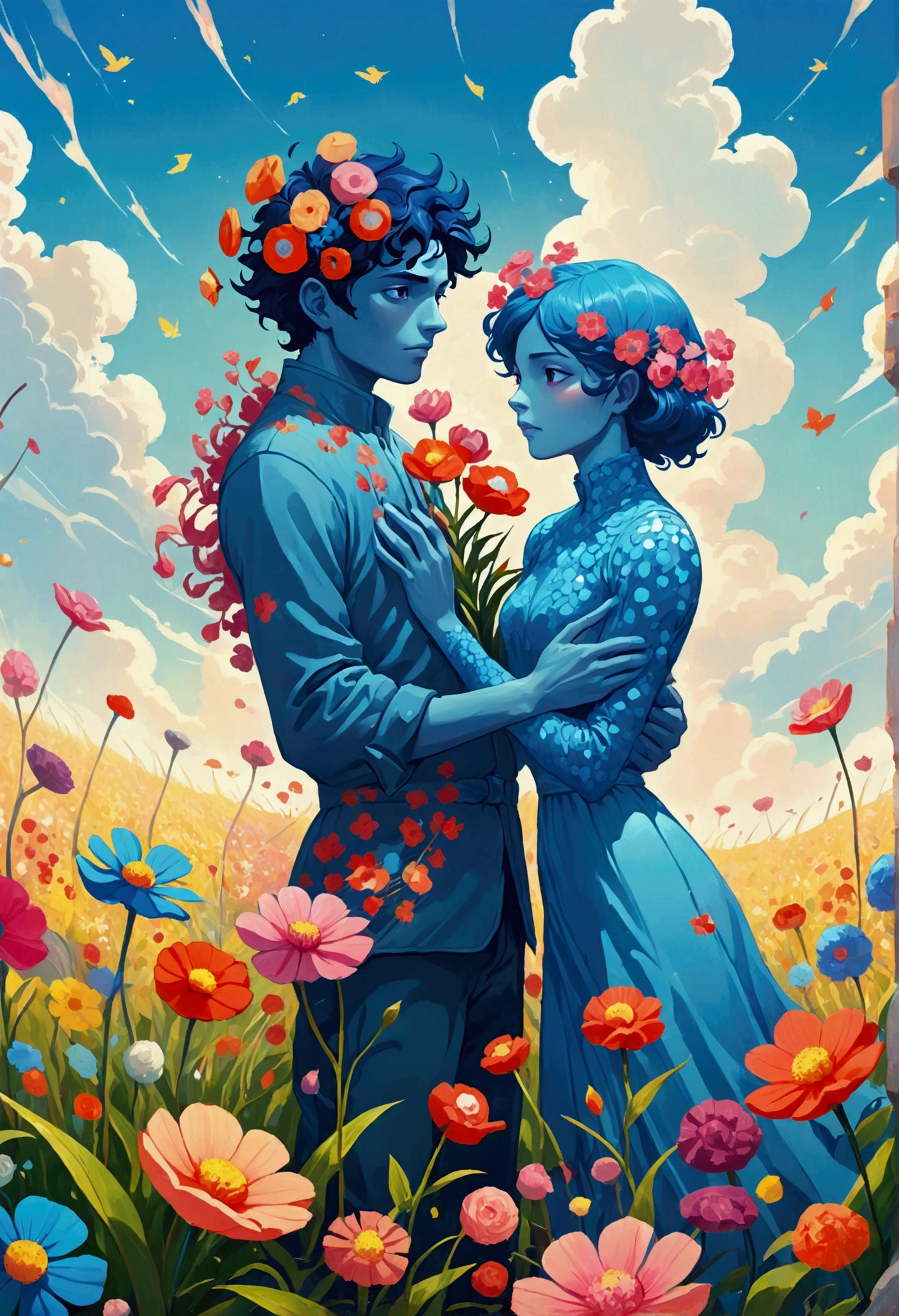 Two hands holding flowers in the field, Juster Battle, Cyril Rolando (Cyril Rolando) of inspiration, Laurie Greesley and James Jean, Cyril Rolandor style, Humanoid creature covered with flowers, beeple 和 james jean, Cyril Rolando 和 M. Vacaruta, Cyril Rolando 和 M.Vacaruta, psychedelic aesthetic