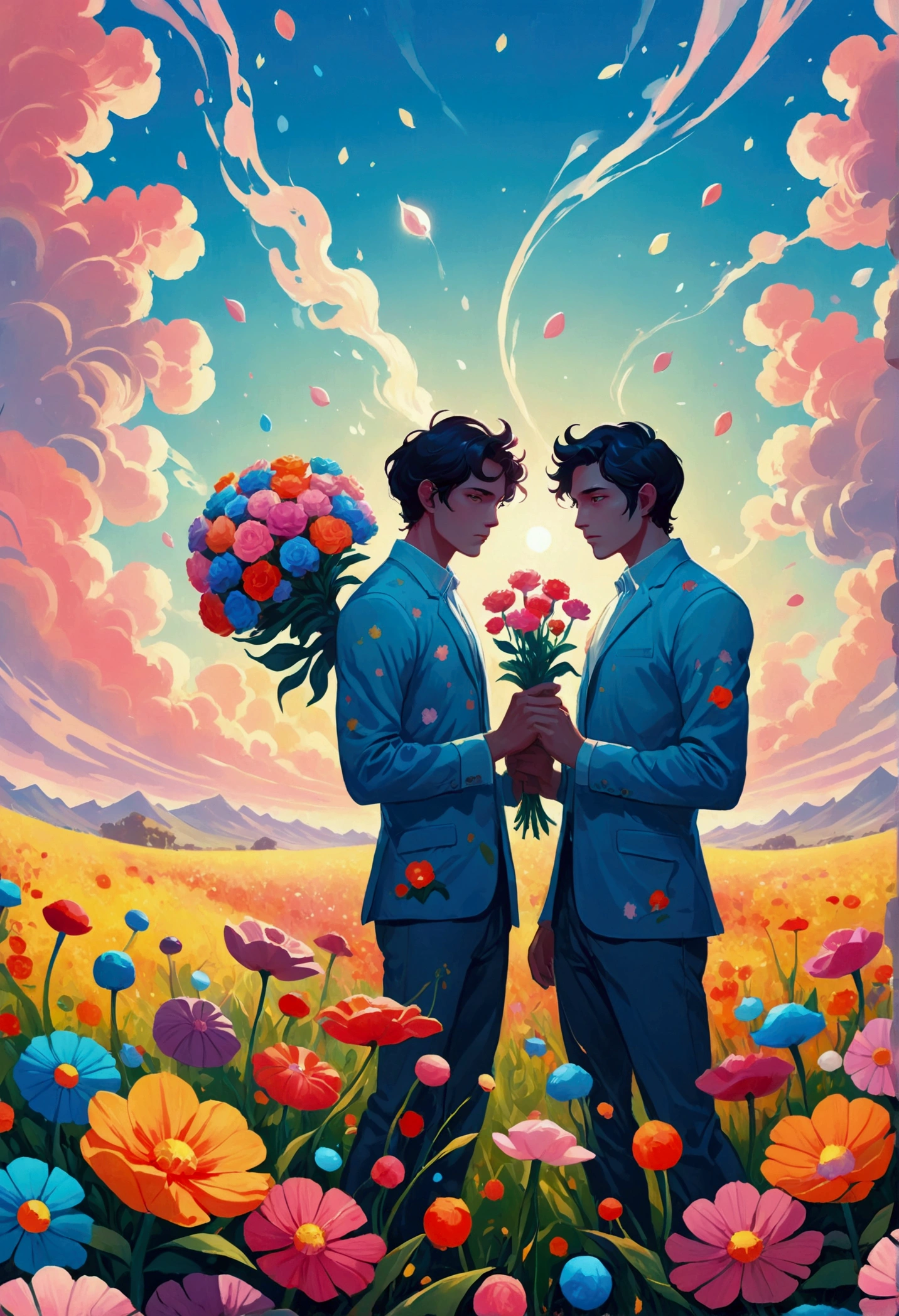 Two hands holding flowers in the field, Juster Battle, Cyril Rolando (Cyril Rolando) of inspiration, Laurie Greesley and James Jean, Cyril Rolandor style, Humanoid creature covered with flowers, beeple 和 james jean, Cyril Rolando 和 M. Vacaruta, Cyril Rolando 和 M.Vacaruta, psychedelic aesthetic