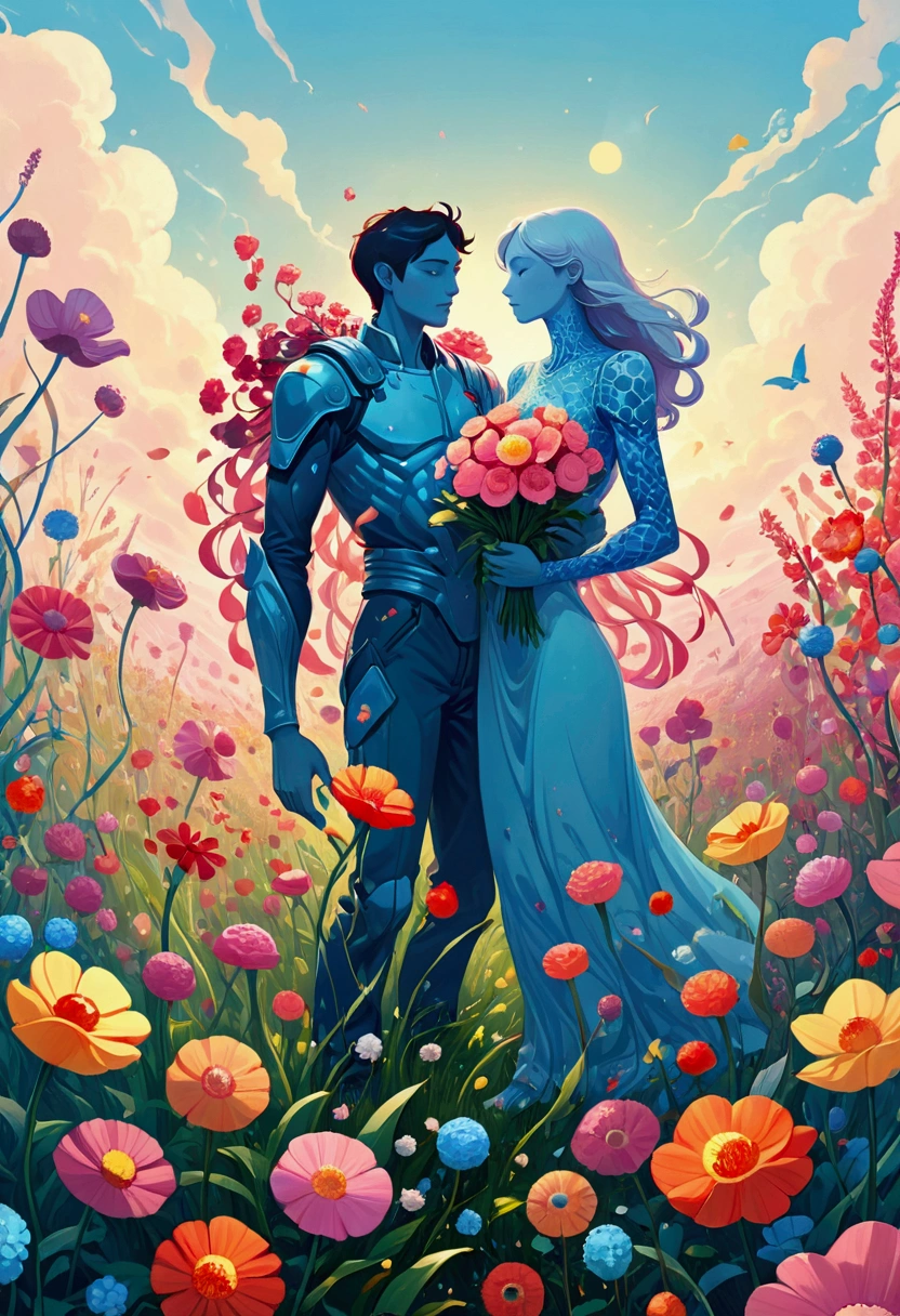 Two hands holding flowers in the field, Juster Battle, Cyril Rolando (Cyril Rolando) of inspiration, Laurie Greesley and James Jean, Cyril Rolandor style, Humanoid creature covered with flowers, beeple 和 james jean, Cyril Rolando 和 M. Vacaruta, Cyril Rolando 和 M.Vacaruta, psychedelic aesthetic