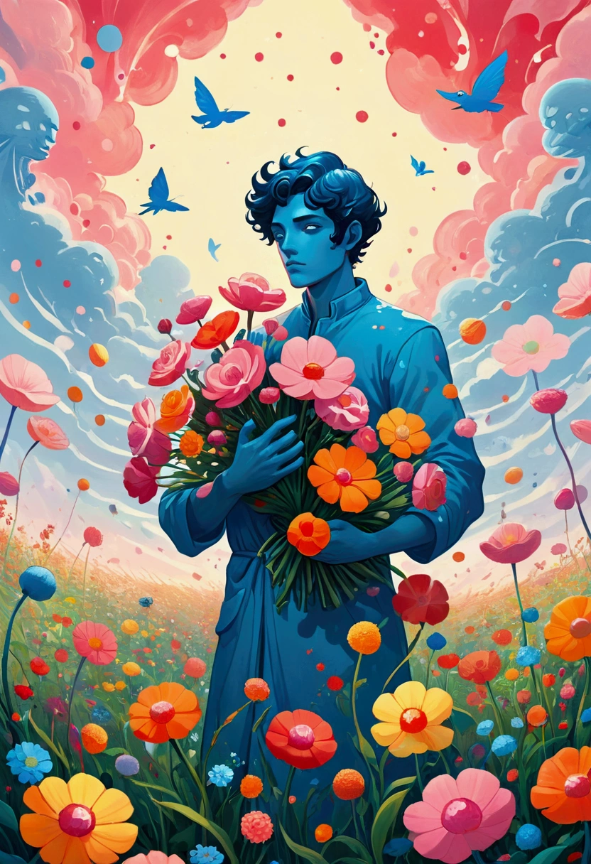 Two hands holding flowers in the field, Juster Battle, Cyril Rolando (Cyril Rolando) of inspiration, Laurie Greesley and James Jean, Cyril Rolandor style, Humanoid creature covered with flowers, beeple 和 james jean, Cyril Rolando 和 M. Vacaruta, Cyril Rolando 和 M.Vacaruta, psychedelic aesthetic