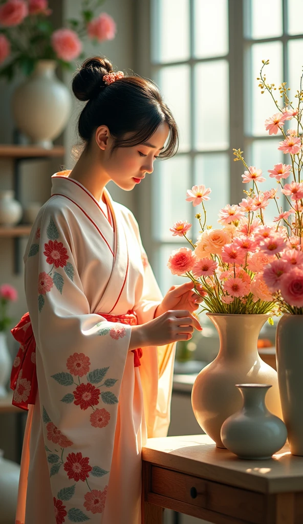 arranging flowers in vases, florist, Japanese girl, best quality, (masterpiece:1.2), high quality, highres, (hyper detailed),