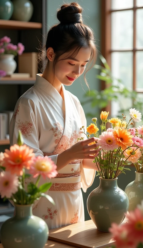 arranging flowers in vases, florist, Japanese girl, best quality, (masterpiece:1.2), high quality, highres, (hyper detailed),