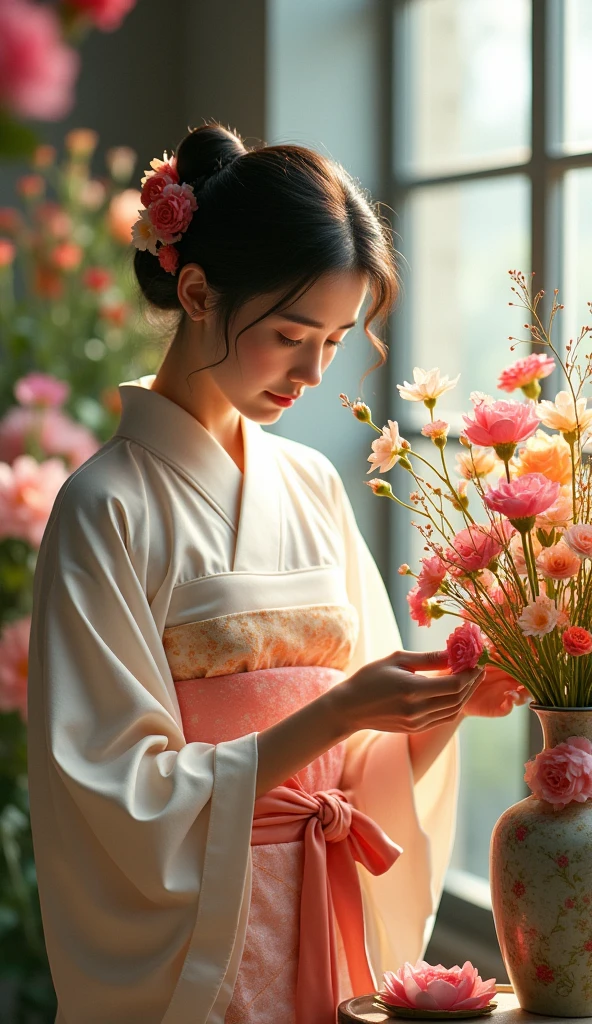 arranging flowers in vases, florist, Japanese girl, best quality, (masterpiece:1.2), high quality, highres, (hyper detailed),