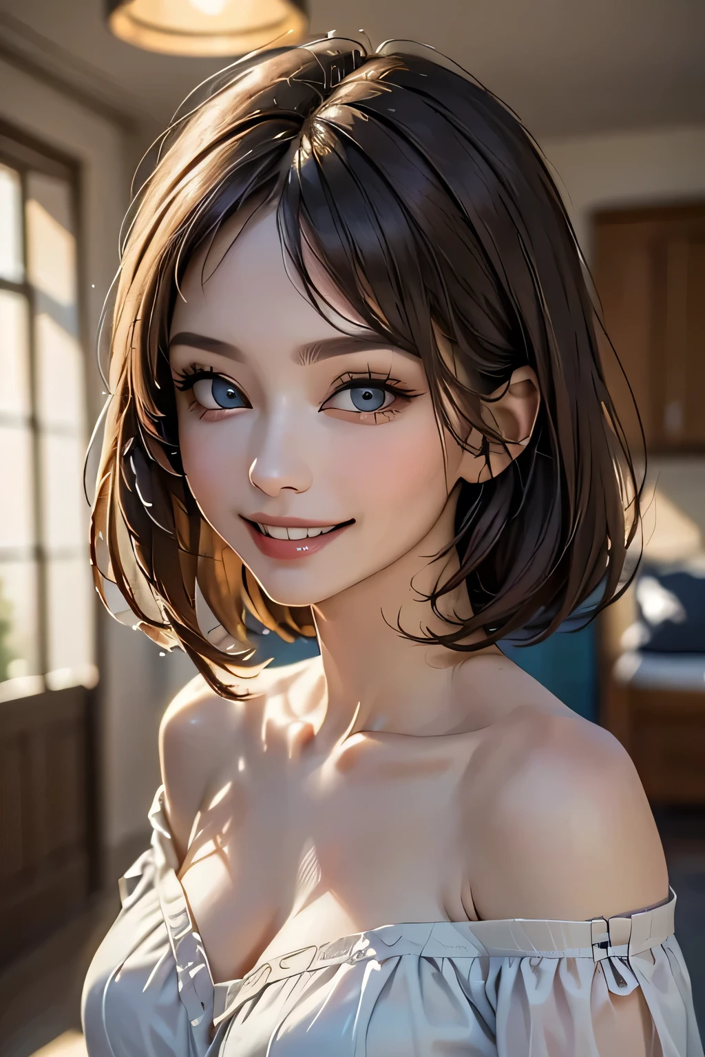 ((Realistic Light, Highest quality, 8k, masterpiece: 1.3)), 1 girl, A beautiful and fruitful year, Brunette Bob, (Big Breasts), Random color off-shoulder cut top: 1.3, Highly detailed face, Beautiful Eyes, double eyelid, smile, Cleavage, Saggy breasts, (My Room), morning