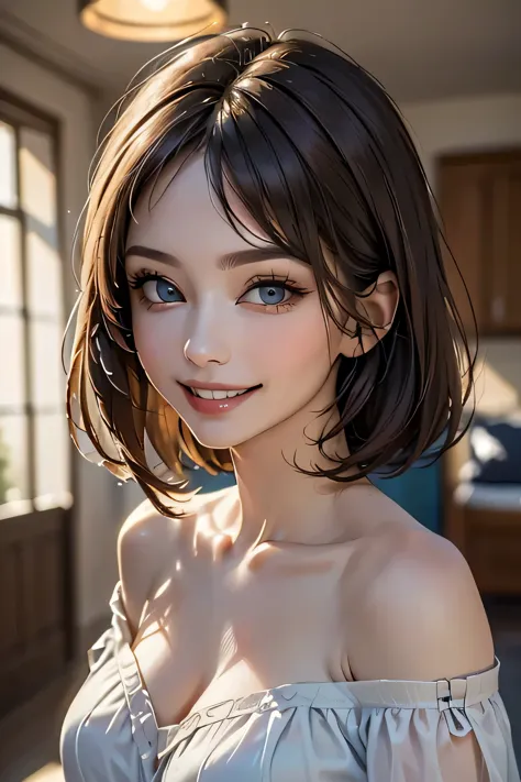 ((realistic light, highest quality, 8k, masterpiece: 1.3)), 1 girl, a beautiful and fruitful year, brunette bob, (big breasts), ...