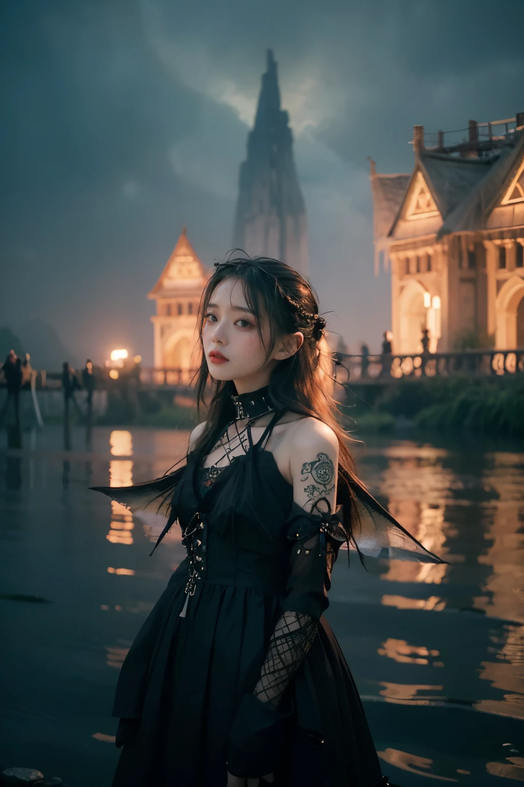 artistically refined, true-to-life visuals, breathtaking aesthetics, diffused natural skin glow, Girl , 24-years-old, slender, floating Medium Hair, bangs, (Gothic_punk dress:1.2), masterpiece, best quality, RAW Photos, candytt, zwd, (Midsummer Night's Dream:1.4)