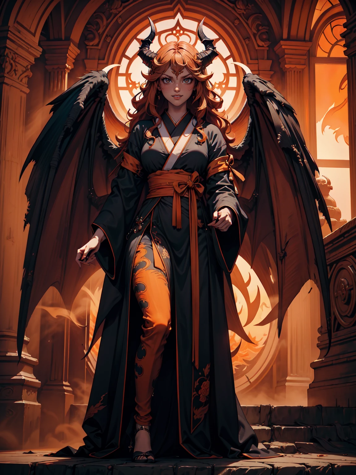 最high quality、Ultra High Definition, Ultra High Quality, Hyper Detailed, Extremely Detailed, Best image quality、masterpiece, 8k, Demon Young Mistress, Scary, Long Orange Curly Hair, ((  Big Angel Dark Wings)), ((White-Orange Horns)), (Solid Orange Demon Eyes), Evil Smile, Dressed With Black Kimono, Pants, Town Fire Background