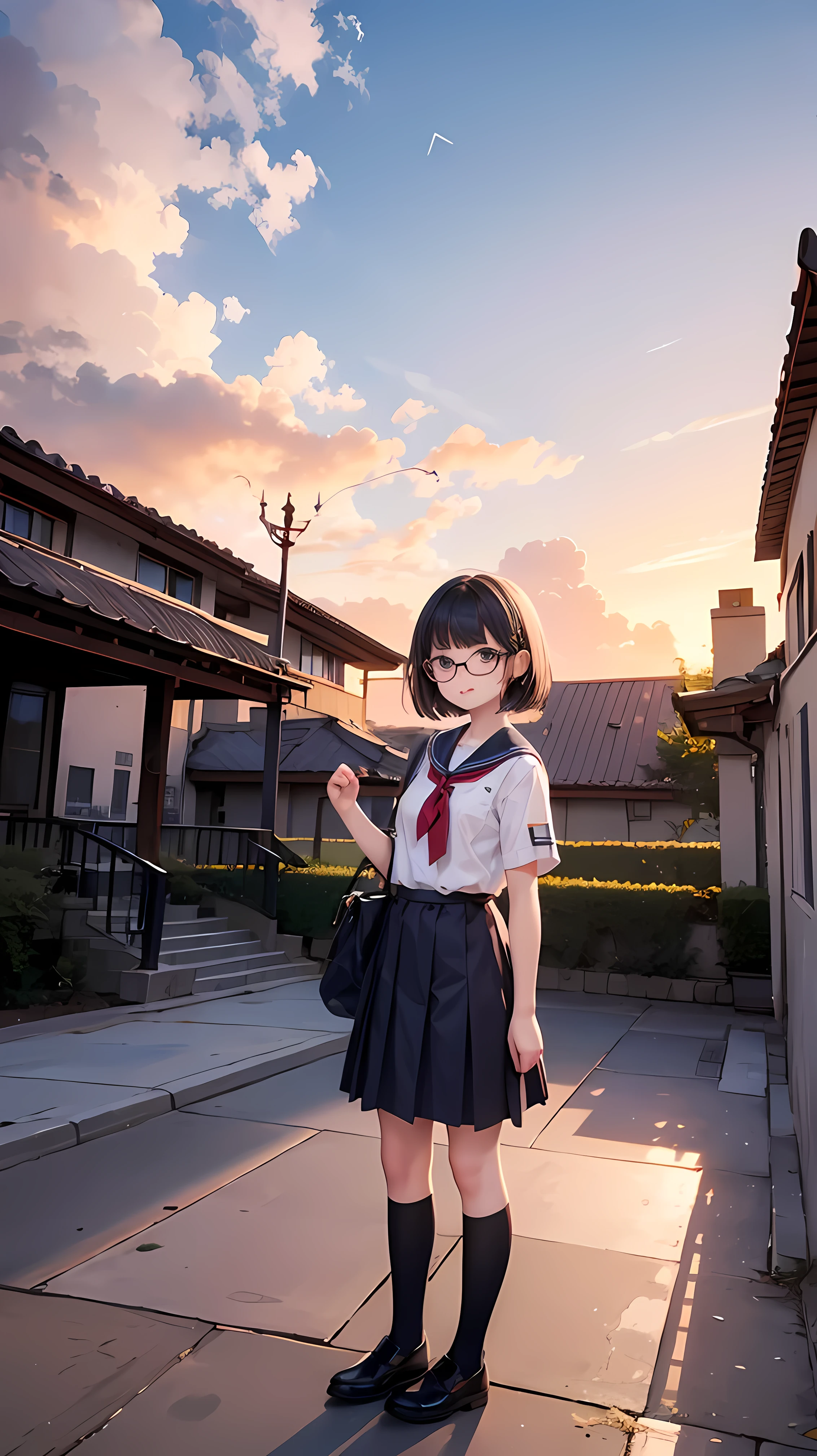 A cute  with short black hair, wearing round glasses, wearing a black and white school uniform, standing in a dream school. The atmosphere around her is full of fantasy. The sky is beautiful during sunset. The orange-purple light from the setting sun shines through the clouds and casts beautiful shadows on the ground. Shooting stars are streaked across the sky, adding to the magic of the scene. This school seems to have come out of a fantasy, with intricately designed buildings and a dreamy atmosphere.
