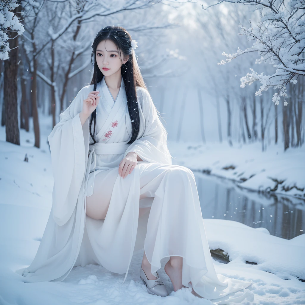 Best image quality，Very detailed，Very high resolution，Perfect body proportions，Works of top photographers。Beautiful Hanfu girl，Long eyelashes，big eyes，Shining eyes，Eye bags，Full lips，Small nose，Happy expression，Sweet，Exquisite makeup，full-body shot，snow White, The legs are thin and straight，Snow-white skin，White embroidered skirt，neckLace，Showing long legs，Lace，Sweet，Long hair flying，best quality，masterpiece，，Imagine，Seven-part shooting model: Hanfu, CFG scale: 7, Lola: Future Fashion(0.4)、rainbow(0.4)、Martial Arts(0.2)、Asian face woman-2(0.4)、Poetic fairy tale(0.01)