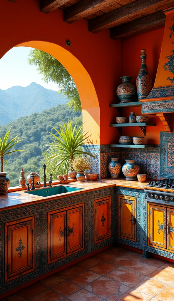 foreground:1.3, Mexican house, kitchen, with Mexican tiles, On the counter there are Mexican vases, Mexican dishes, with typical Mexican drawings, beautiful scenery, typical mexican colors, epic lighting, HD,8k, masterpiece, the best photography, awarded.