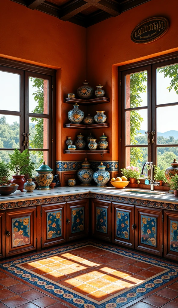 Mexican house, kitchen, with Mexican tiles, On the counter there are Mexican vases, Mexican dishes, with typical Mexican drawings, beautiful scenery, Typical colors of the Mexica, epic lighting, HD,8k, masterpiece, the best photography, awarded.