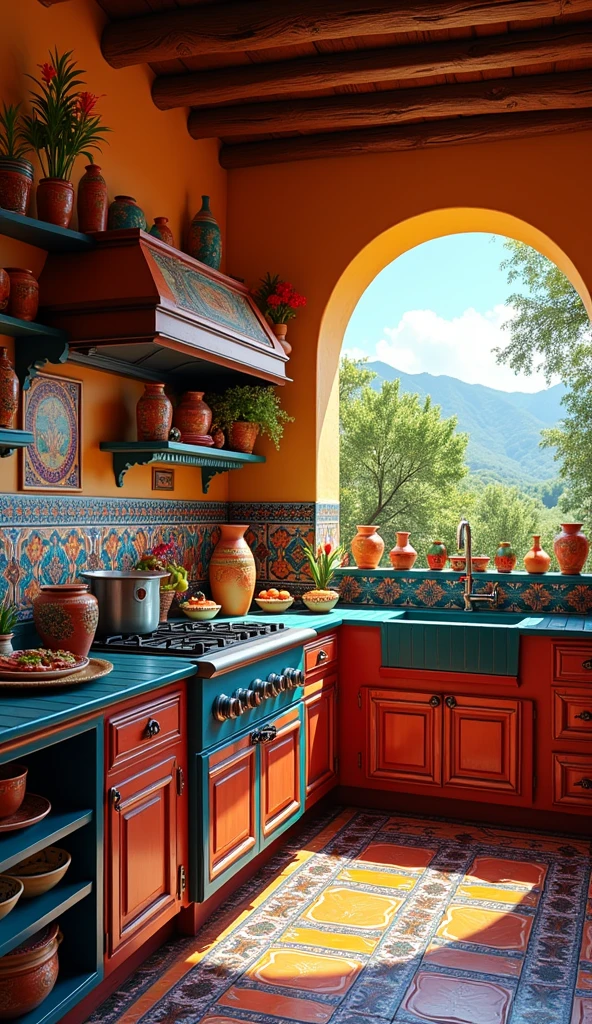 foreground:1.3, Mexican house, kitchen, with Mexican tiles, On the counter there are Mexican vases, Mexican dishes, with typical Mexican drawings, beautiful scenery, typical mexican colors, epic lighting, HD,8k, masterpiece, the best photography, awarded.