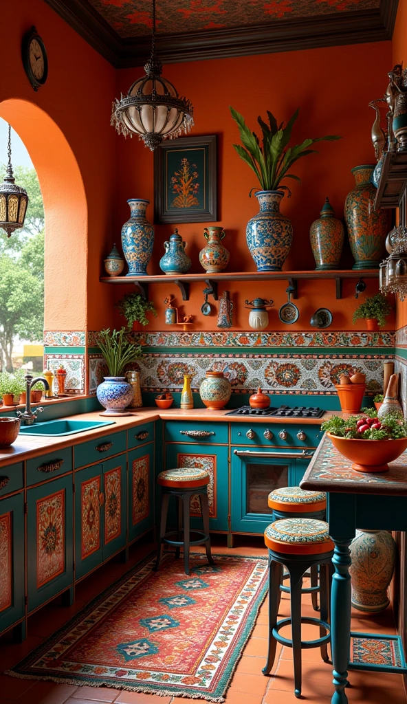 foreground:1.3, Mexican house, kitchen, with Mexican tiles, On the counter there are Mexican vases, Mexican dishes, with typical Mexican drawings, beautiful scenery, typical mexican colors, epic lighting, HD,8k, masterpiece, the best photography, awarded.