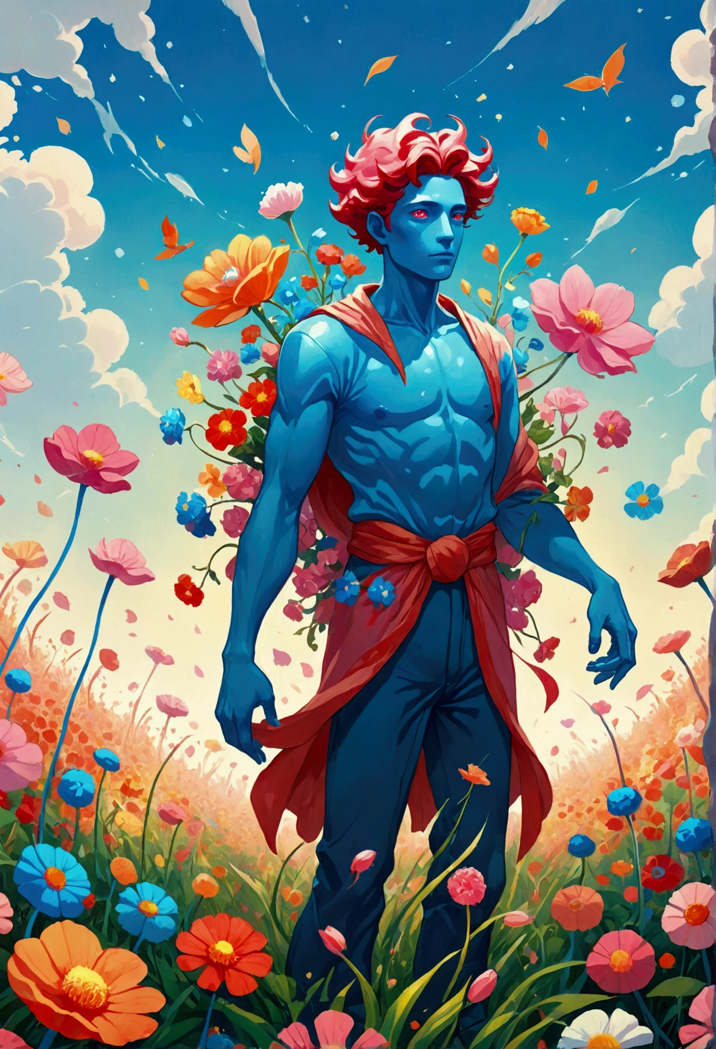 Two hands holding flowers in the field, Juster Battle, Cyril Rolando (Cyril Rolando) of inspiration, Laurie Greesley and James Jean, Cyril Rolandor style, Humanoid creature covered with flowers, beeple 和 james jean, Cyril Rolando 和 M. Vacaruta, Cyril Rolando 和 M.Vacaruta, psychedelic aesthetic