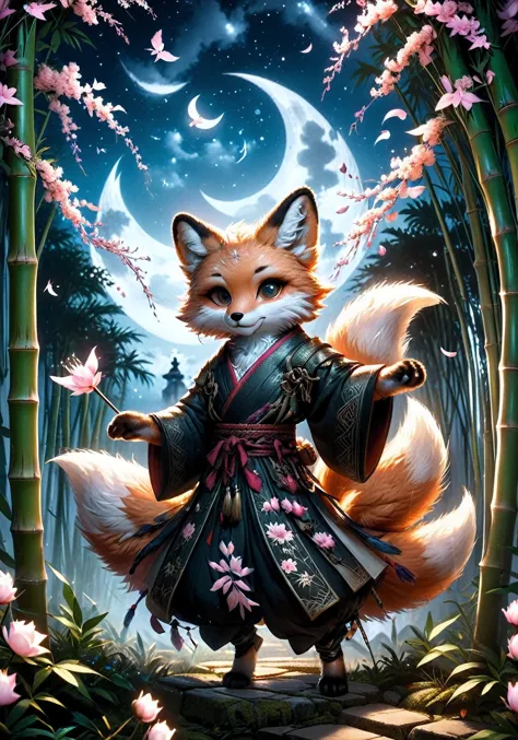 dark fantasy creepy art, a super-realistic photo of fox warriors dancing among bamboo in the moonlight, ( petals flying in the s...